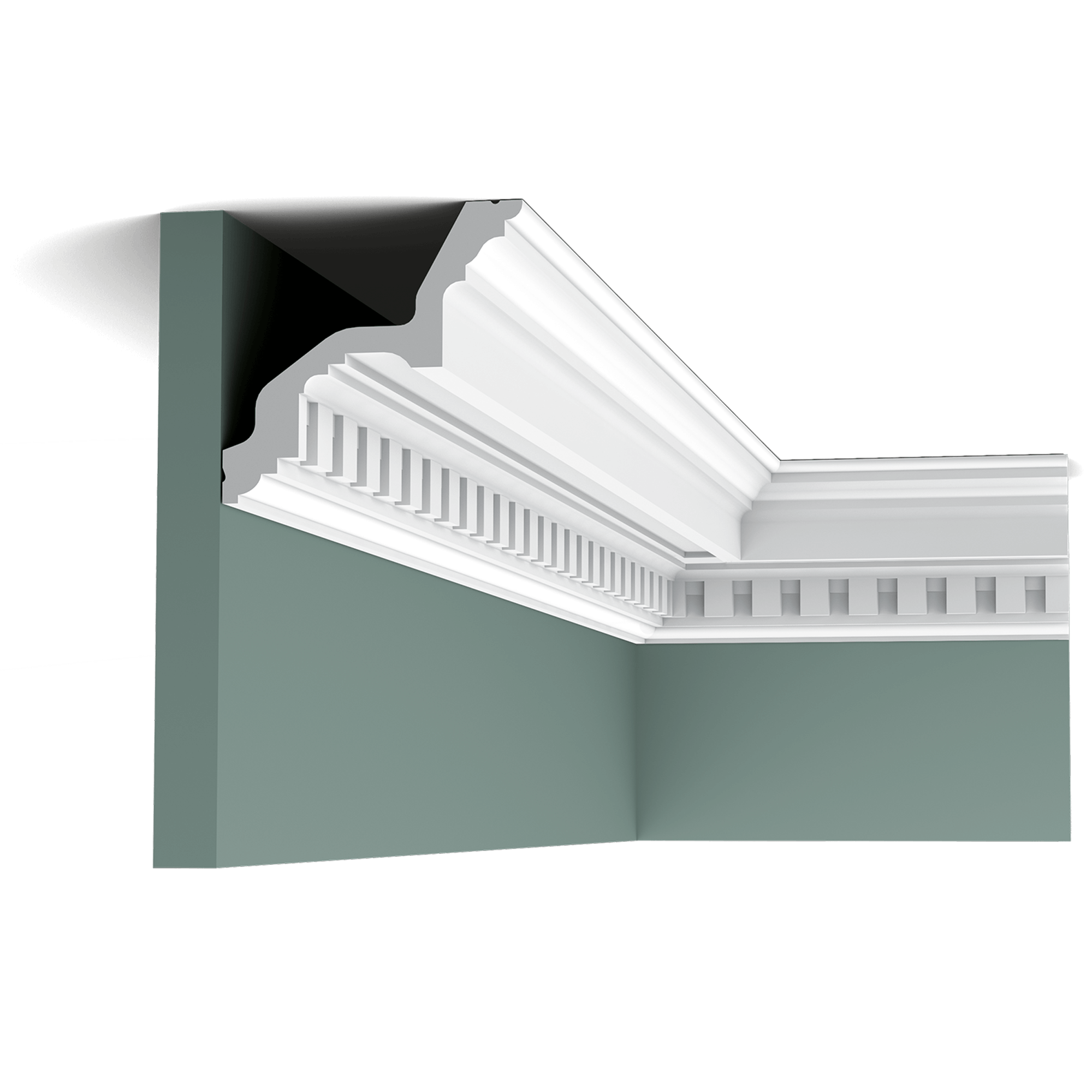 c211 cornice moulding 15c8 A stately cornice moulding inspired by classical architecture. This crenellated design gives your interior that little extra something. Be sure to consider the C422 as well or combine with the C305 for even more magnificence.