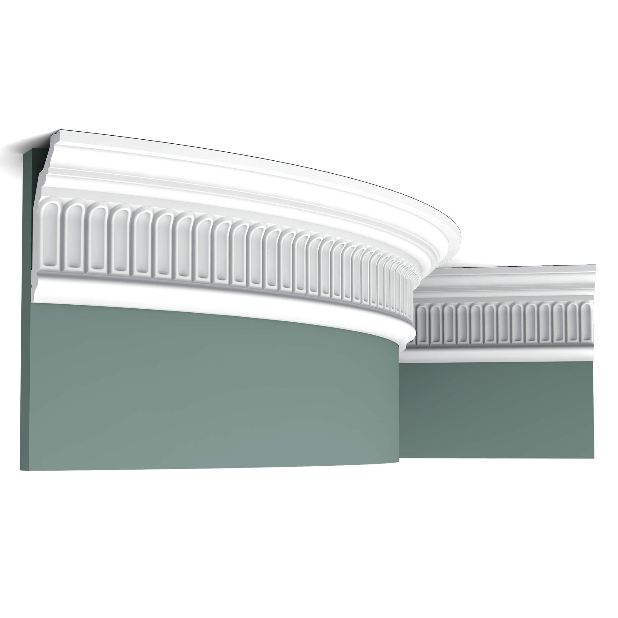 c304f border a372 Flexible version of the C304. Traditional moulding with ribbed pattern. Thanks to its Flex technology, curved walls and surfaces are no problem. Installation remark: It is necessary to screw this profile on the wall. Flex Radius: R min = 250 cm