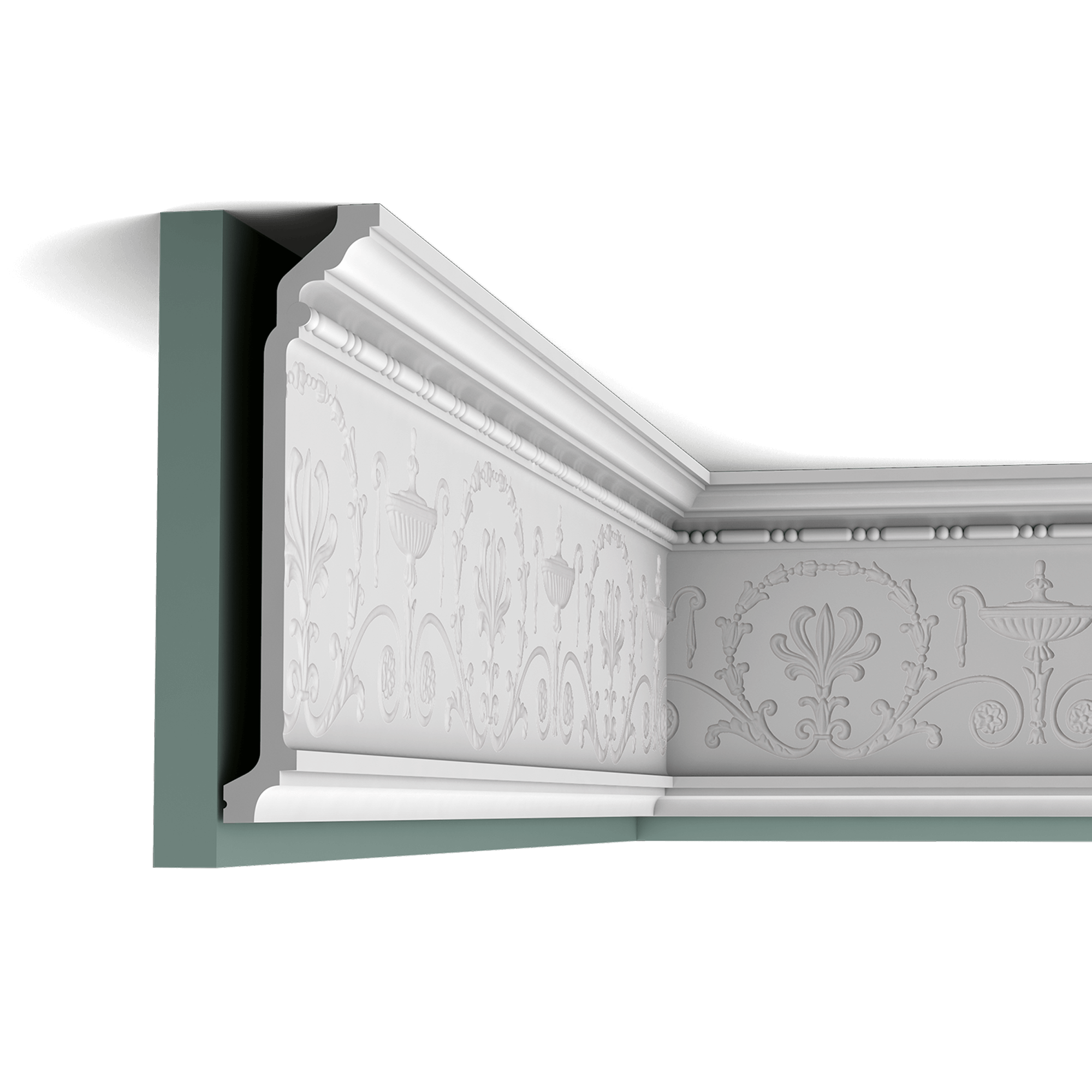 c308 border 3f0b High frieze with classic pattern. Employ the C308 as a cornice moulding or curtain pelmet to instantly add character to the space.