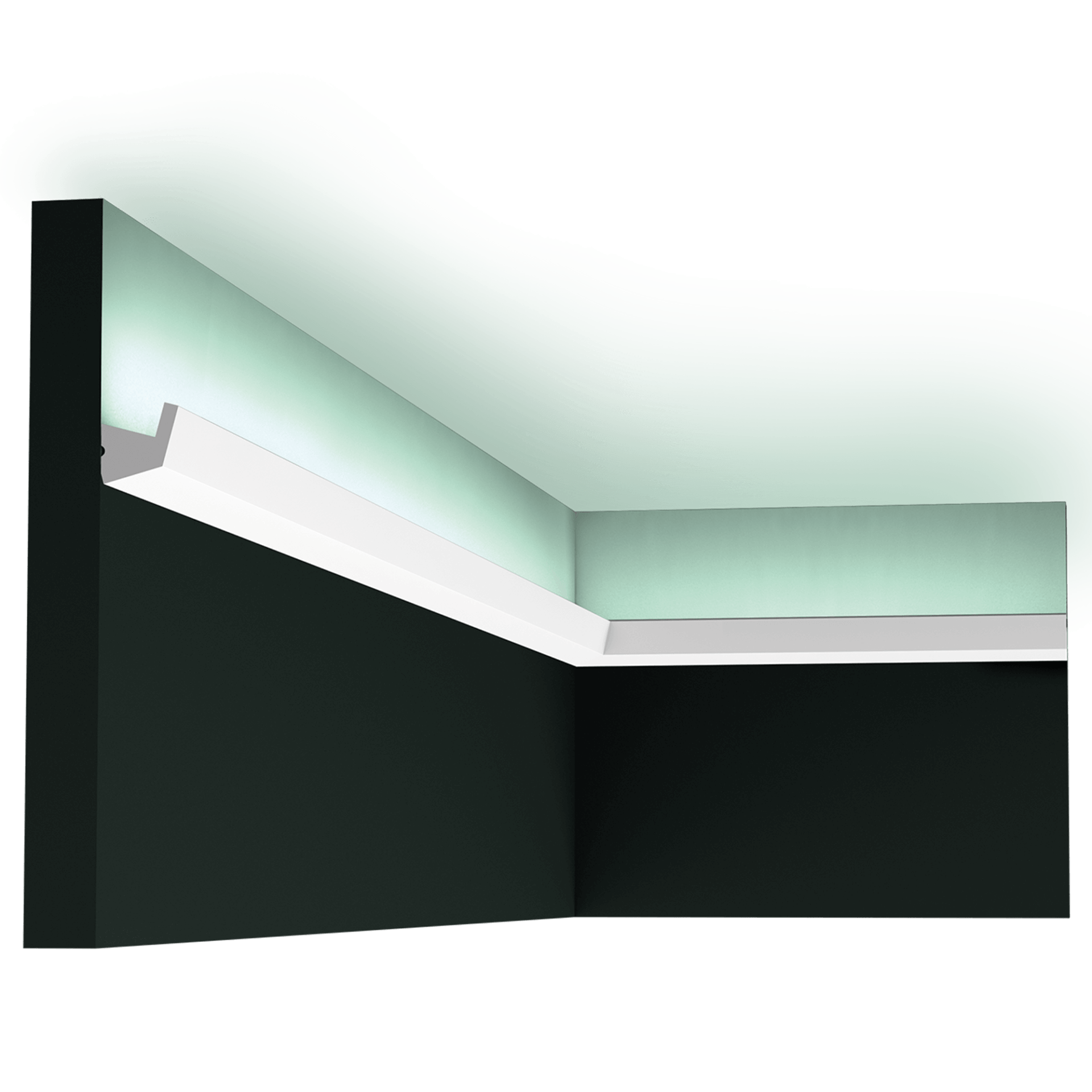 Compact angular design profile for indirect LED lighting. The subtle shadow line adds to the lighting's ambience. Designed by Orio Tonini. Installation remark: use an aluminum tape on the inside of the profile, or an aluminum LED support to avoid the light showing through the moulding.
