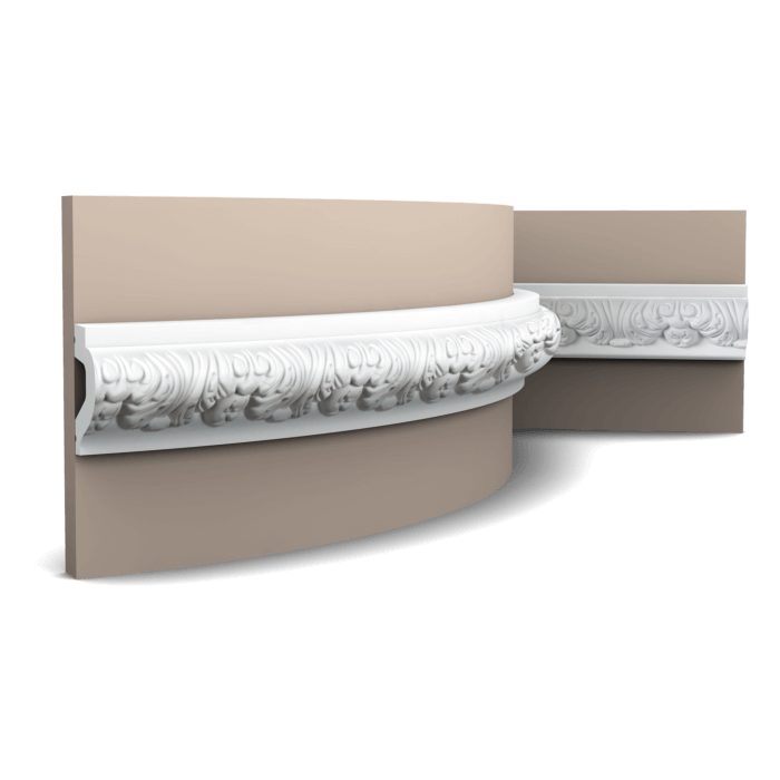 main img 2 Flexible version of the P3020. Rounded panel moulding with an organic acanthus leaf design. Thanks to its Flex technology, curved walls and surfaces are no problem. Installation remark: It is necessary to screw this profile on the wall. Flex Radius: R min = 50 cm, R* min = 180 cm
