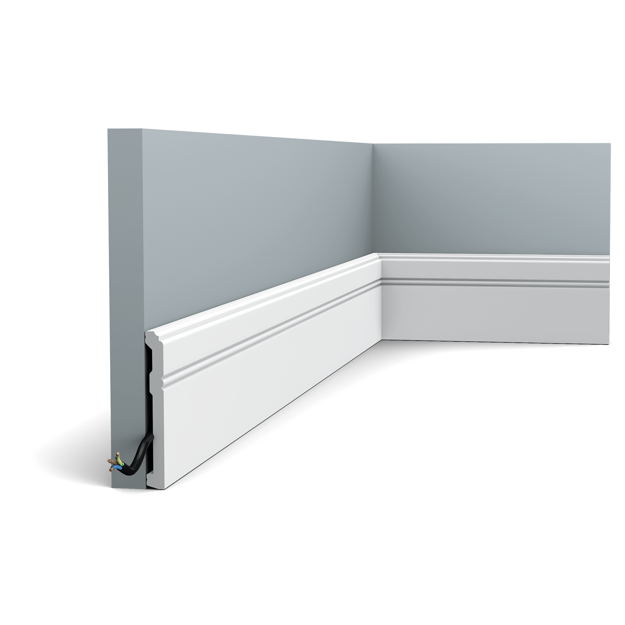 Contemporary skirting board with grooves. The restrained design creates an elegant transition between the floor and the wall.