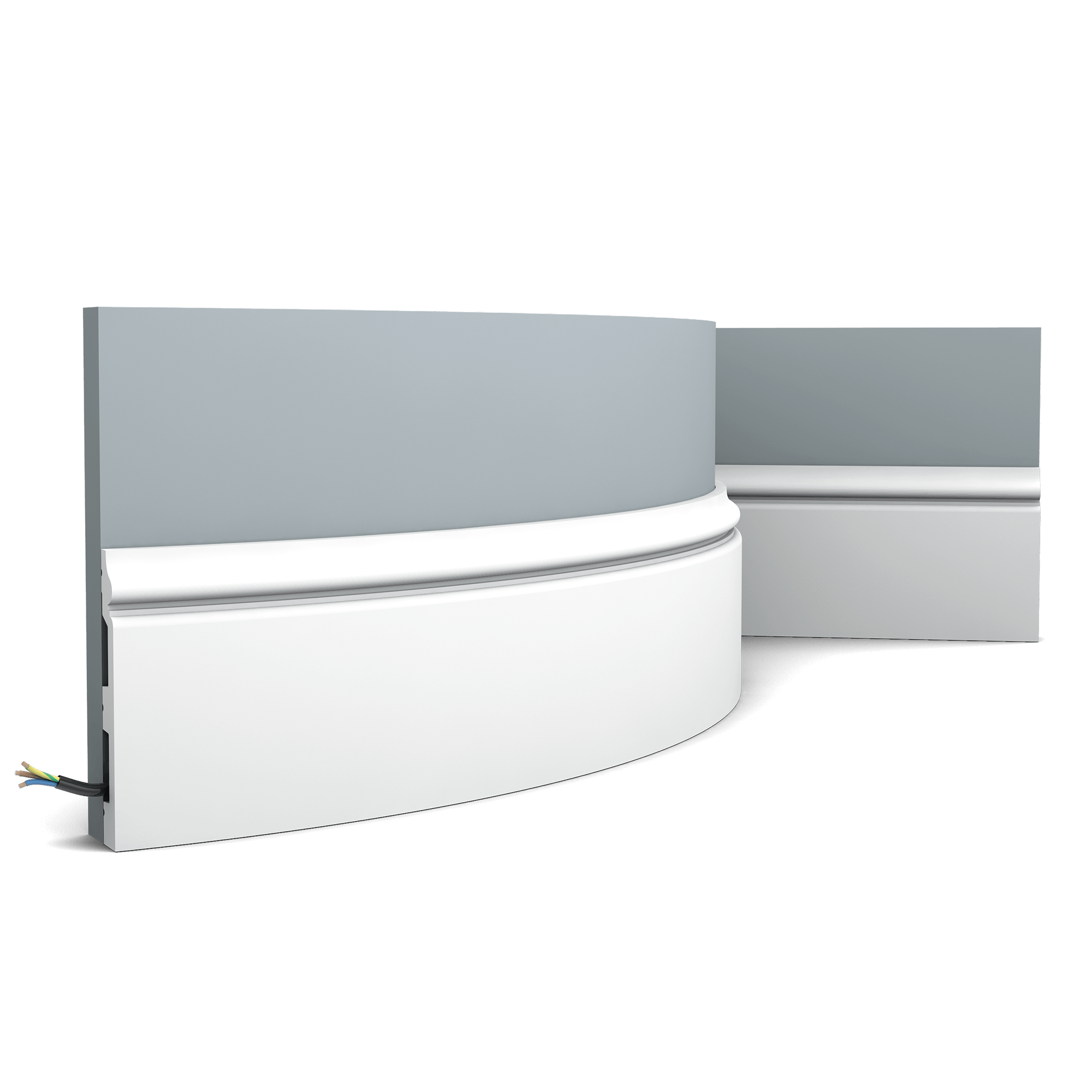 Flexible version of the SX118. This classic skirting board is part of the CONTOUR family. Thanks to its Flex technology, curved walls and surfaces are no problem. Installation remark: It is necessary to screw this profile on the wall. Flex Radius: R min = 40 cm