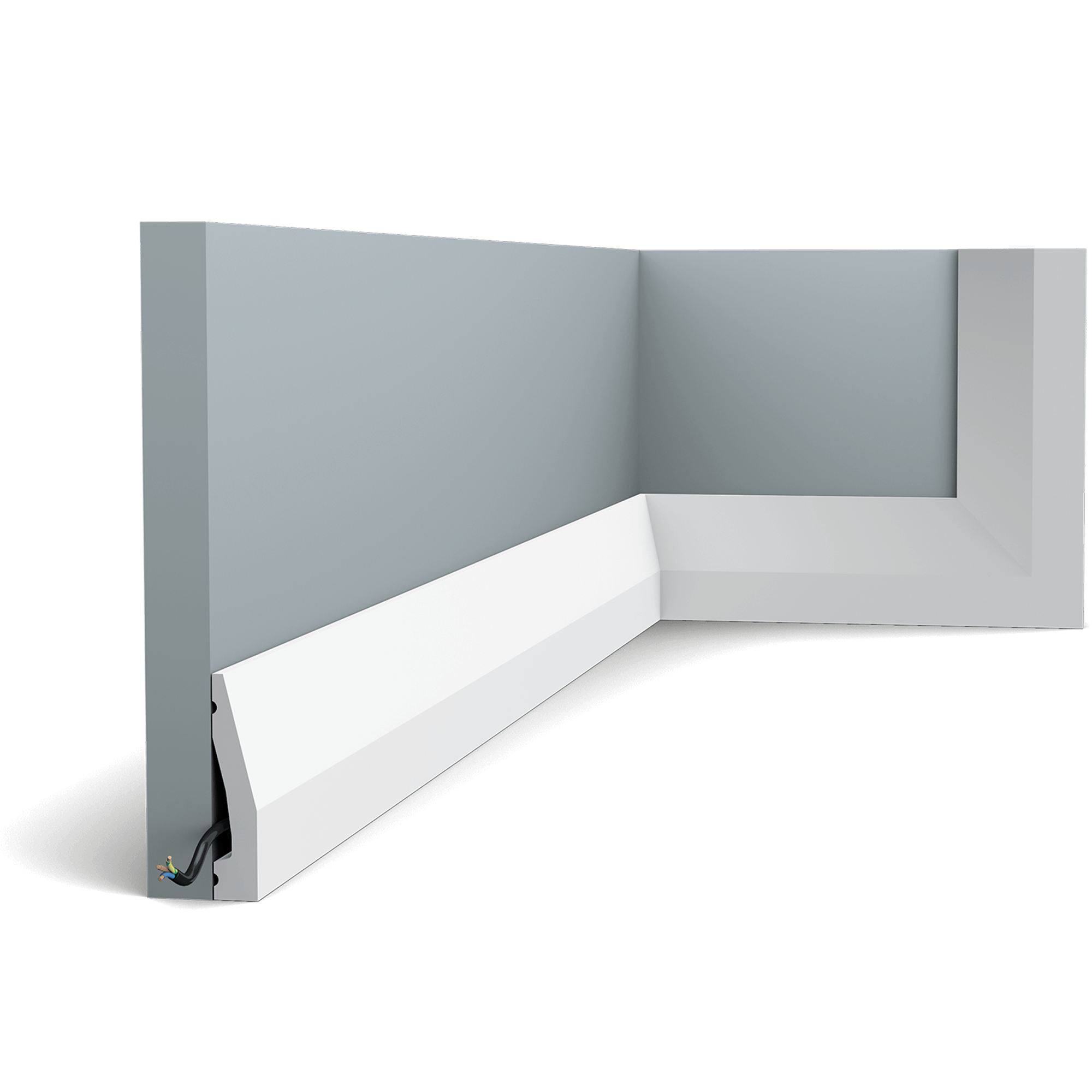 This simple skirting board has a slight angle and fits any interior. This multifunctional moulding creates a seamless transition betweens walls and doors, windows and even ceilings.